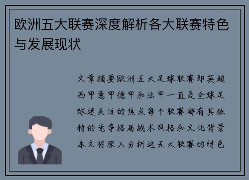 欧洲五大联赛深度解析各大联赛特色与发展现状